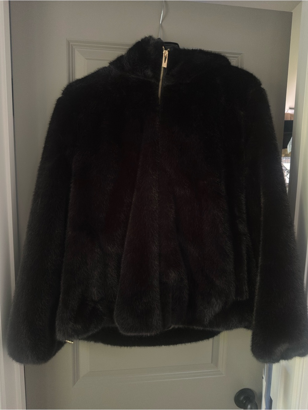 Via Spiga Black Faux Fur Teddy Zip Jacket with Gold Hardware